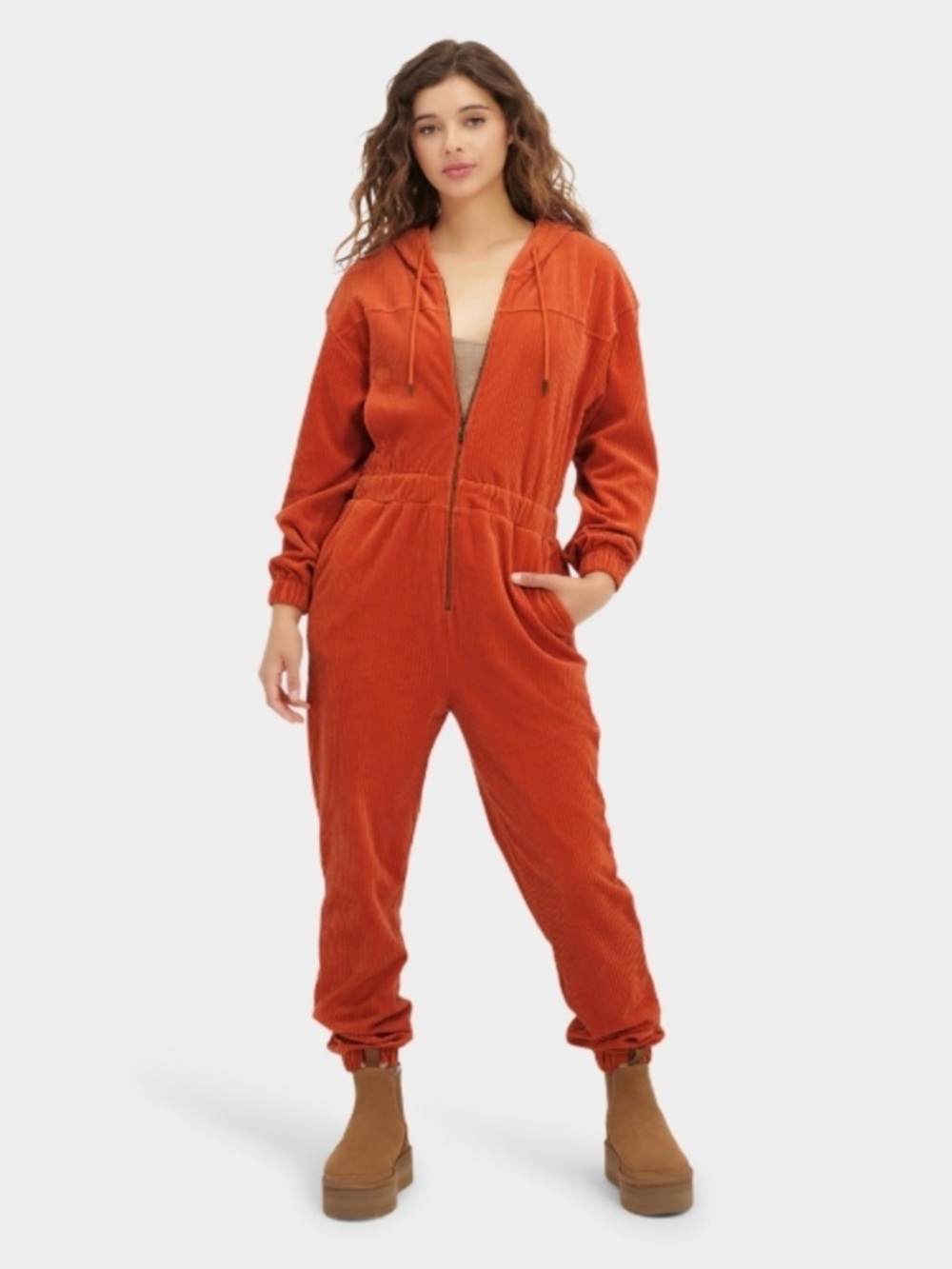 NEW UGG Delores WOMEN Lounge Jumpsuit Orange Soft Hooded Elastic Waist Corduroy